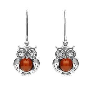 Sterling Silver Amber Owl Drop Earrings