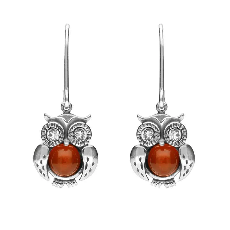 Sterling Silver Amber Owl Drop Earrings