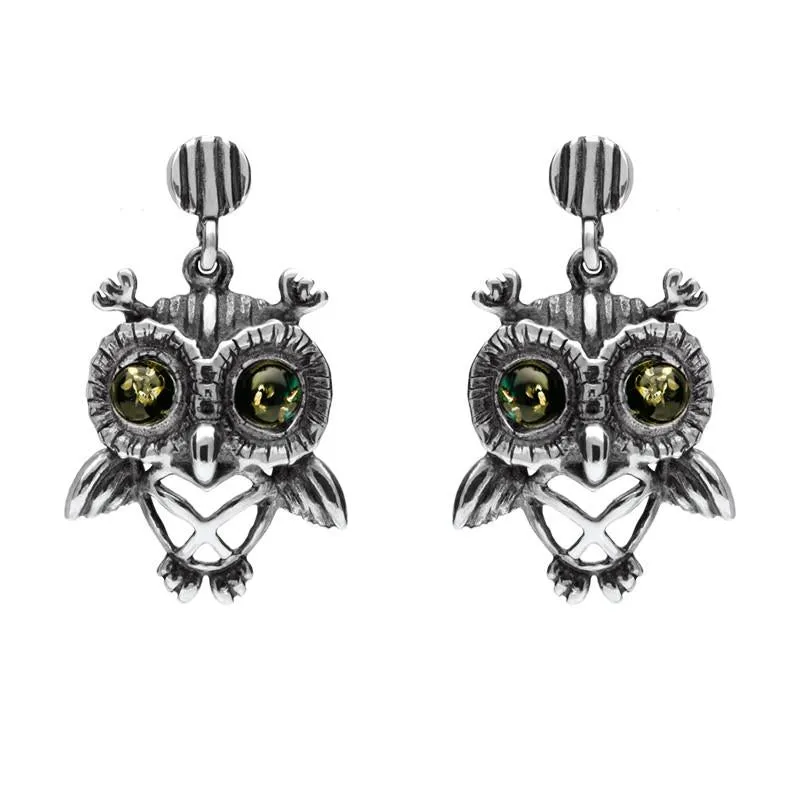 Sterling Silver Amber Owl Stud Earrings