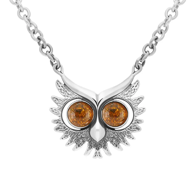 Sterling Silver Amber Owls Face Necklace