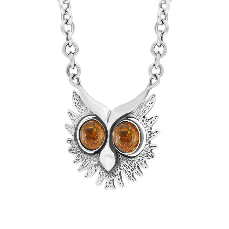 Sterling Silver Amber Owls Face Necklace