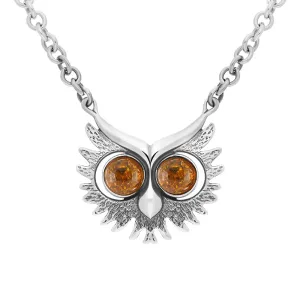 Sterling Silver Amber Owls Face Necklace