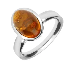 Sterling Silver Amber Plain Set Oval Domed Ring