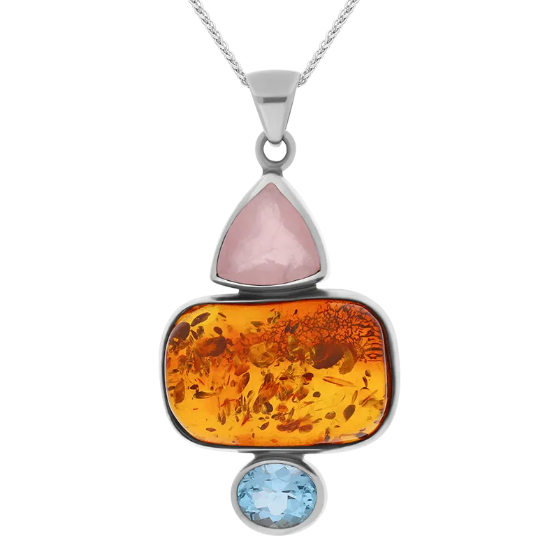 Sterling Silver Amber Rose Quartz Blue Topaz Three Stone Drop Necklace D