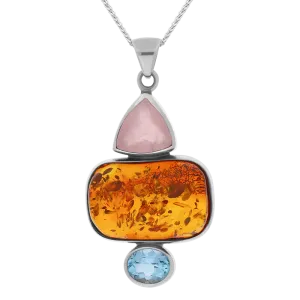 Sterling Silver Amber Rose Quartz Blue Topaz Three Stone Drop Necklace D