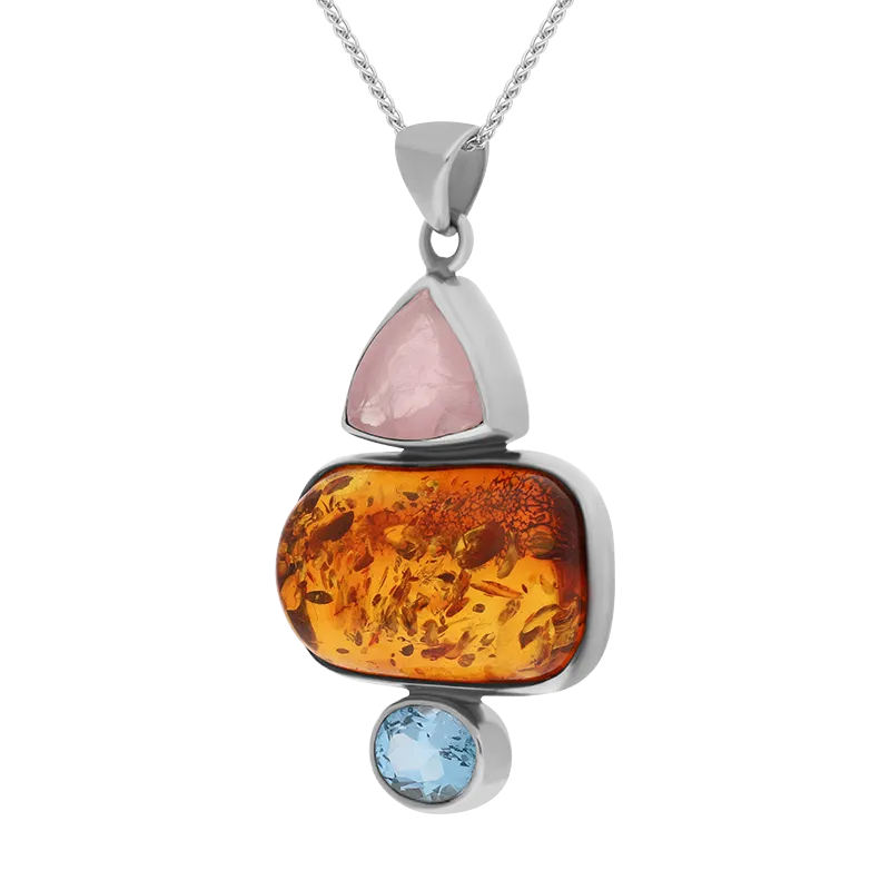 Sterling Silver Amber Rose Quartz Blue Topaz Three Stone Drop Necklace D