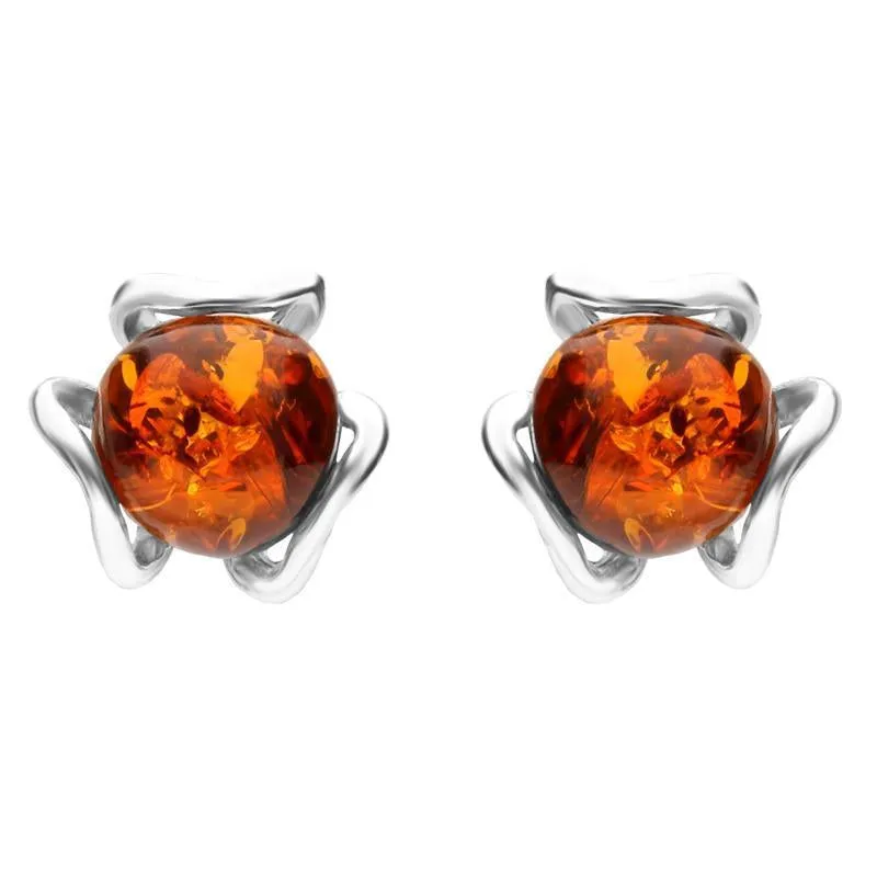 Sterling Silver Amber Round Petal Detail Stud Earrings