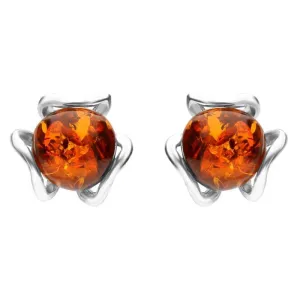 Sterling Silver Amber Round Petal Detail Stud Earrings