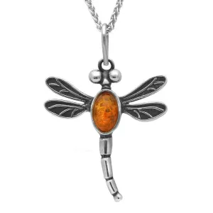 Sterling Silver Amber Small Dragonfly Necklace D