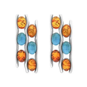 Sterling Silver Amber Turquoise Wavy Six Stone Stud Earrings D