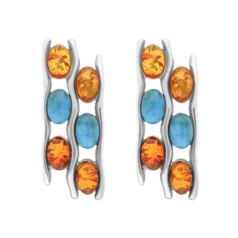 Sterling Silver Amber Turquoise Wavy Six Stone Stud Earrings D