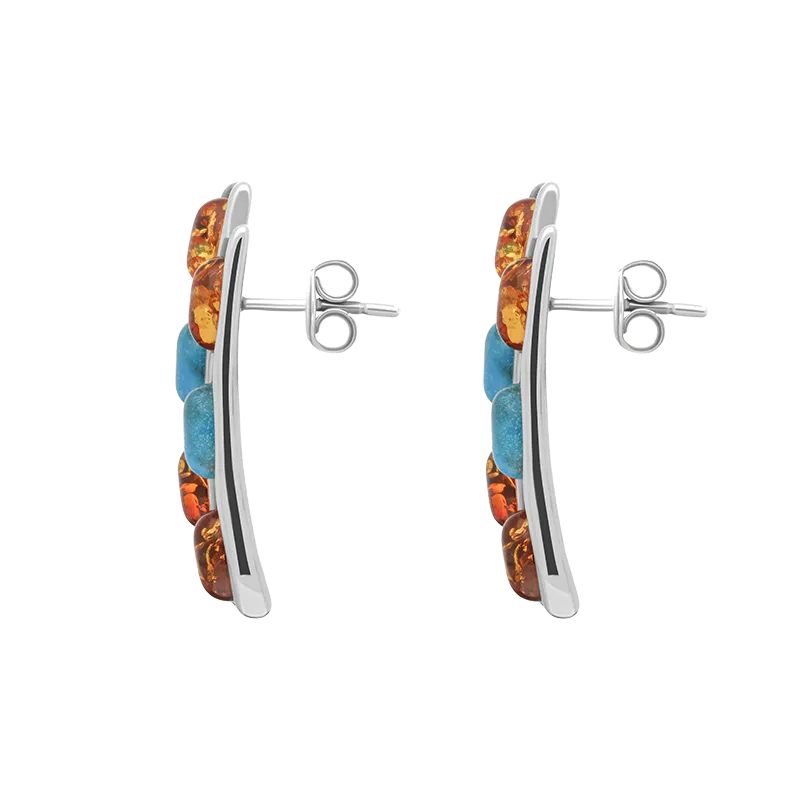 Sterling Silver Amber Turquoise Wavy Six Stone Stud Earrings D