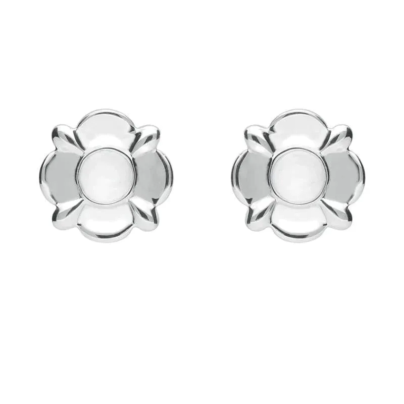 Sterling Silver Bauxite Round Four Petal Flower Stud Earrings