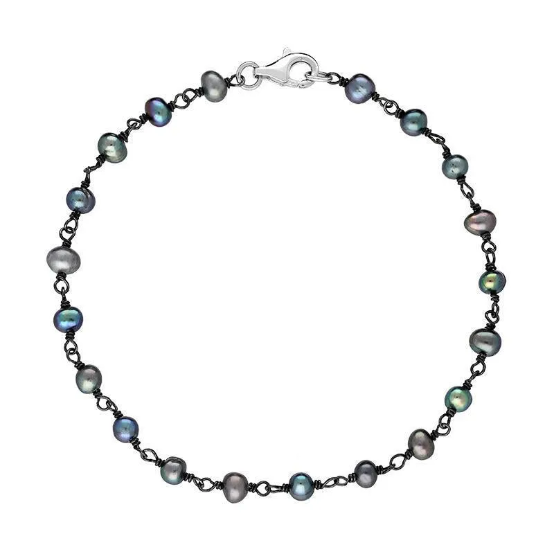 Sterling Silver Black Pearl Bead Chain Link Bracelet