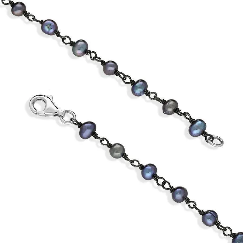 Sterling Silver Black Pearl Bead Chain Link Bracelet