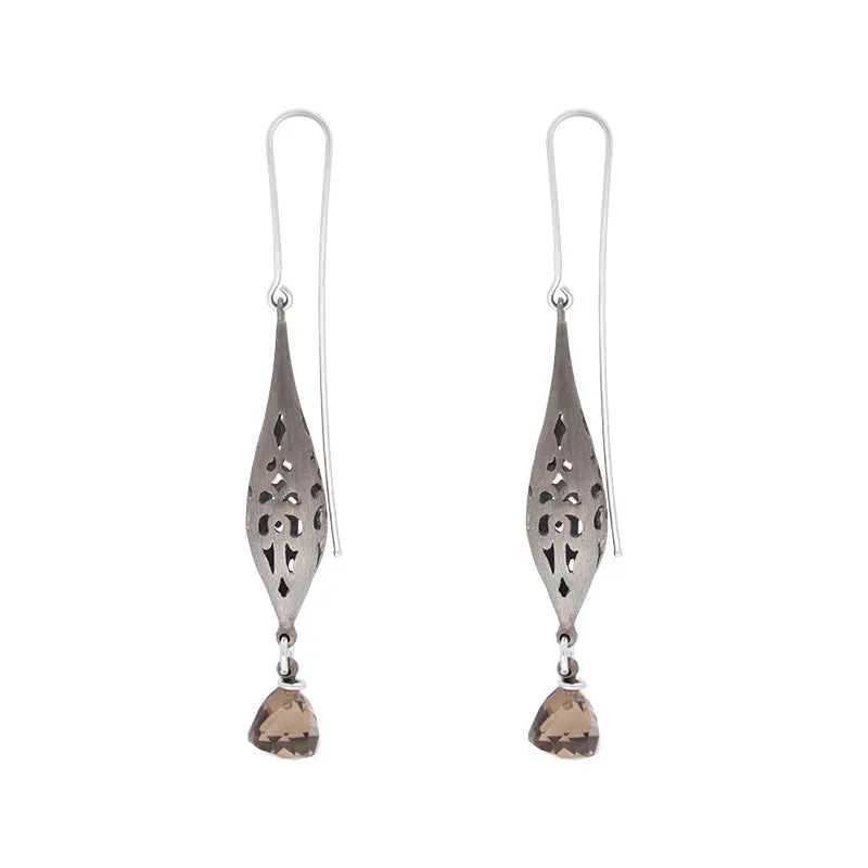 Sterling Silver Black Rhodium Smokey Quartz Drop Earrings D