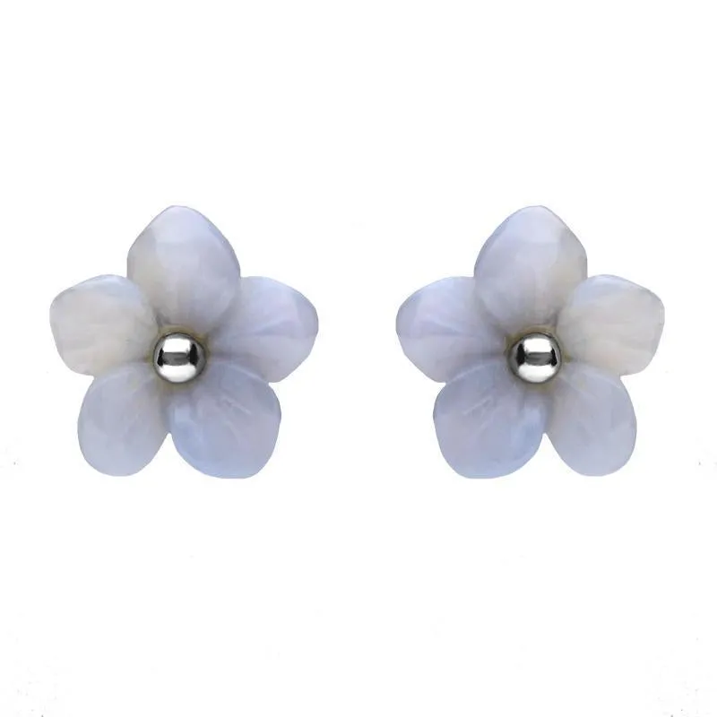 Sterling Silver Blue Chalcedony Tuberose 10mm Pansy Stud Earrings