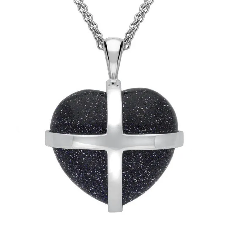 Sterling Silver Blue Goldstone Large Cross Heart Necklace