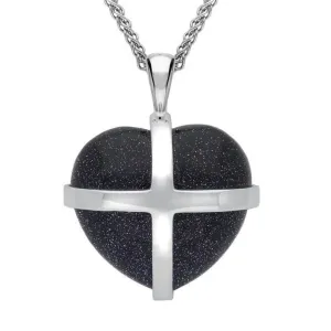 Sterling Silver Blue Goldstone Large Cross Heart Necklace