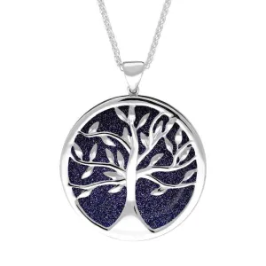 Sterling Silver Blue Goldstone Large Round Tree of Life Necklace