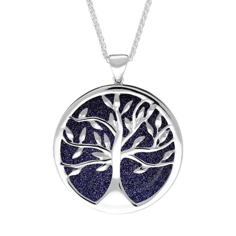 Sterling Silver Blue Goldstone Large Round Tree of Life Necklace