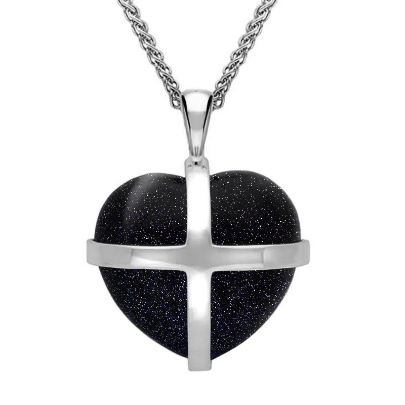 Sterling Silver Blue Goldstone Medium Cross Heart Necklace