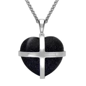 Sterling Silver Blue Goldstone Medium Cross Heart Necklace