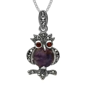 Sterling Silver Blue John Marcasite Garnet Owl Necklace