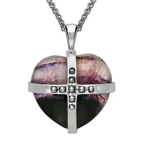 Sterling Silver Blue John Marcasite Large Cross Heart Necklace