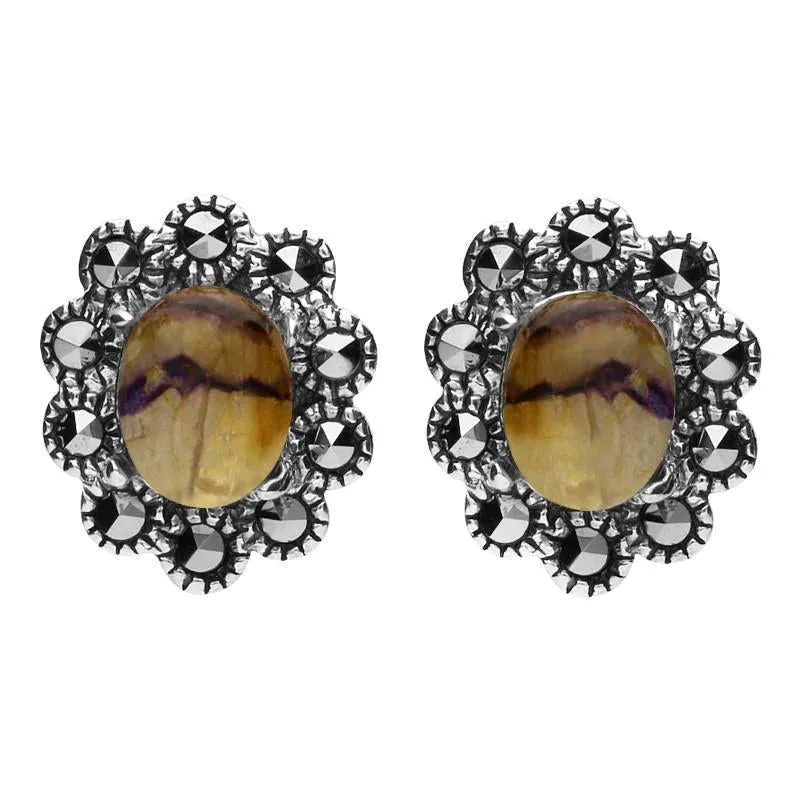 Sterling Silver Blue John Marcasite Large Oval Beaded Edge Stud Earrings