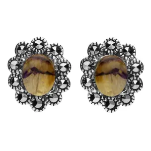 Sterling Silver Blue John Marcasite Large Oval Beaded Edge Stud Earrings