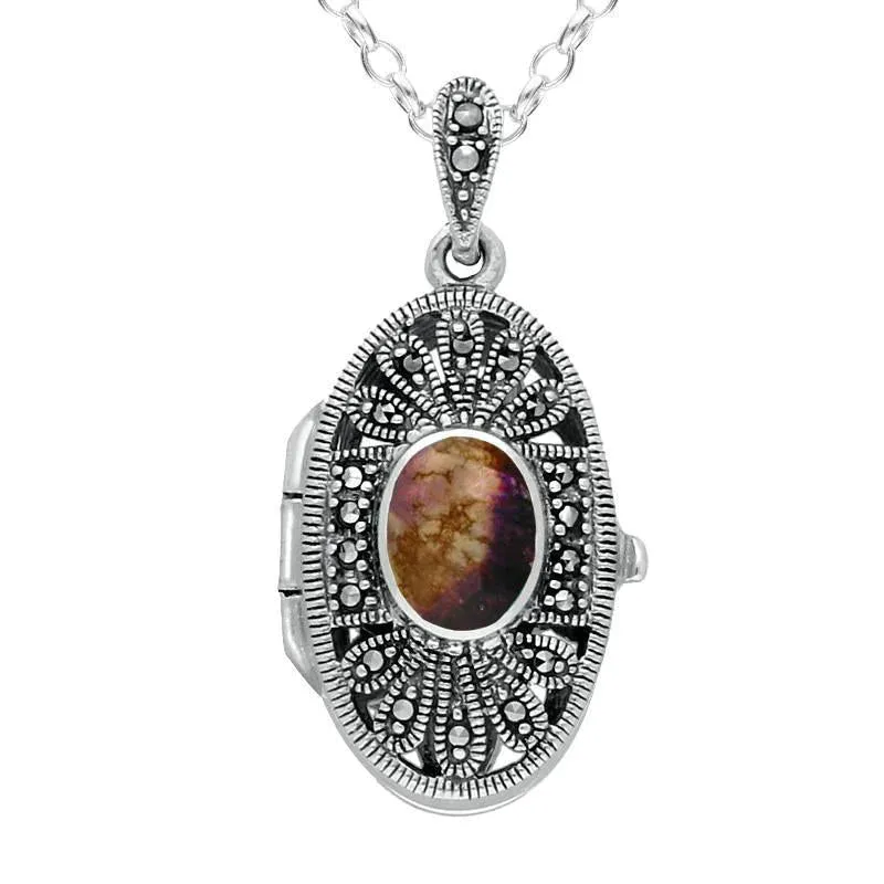 Sterling Silver Blue John Marcasite Oval Floral Locket Necklace