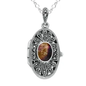 Sterling Silver Blue John Marcasite Oval Floral Locket Necklace
