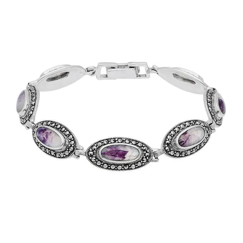 Sterling Silver Blue John Marcasite Slim Oval Link Bracelet
