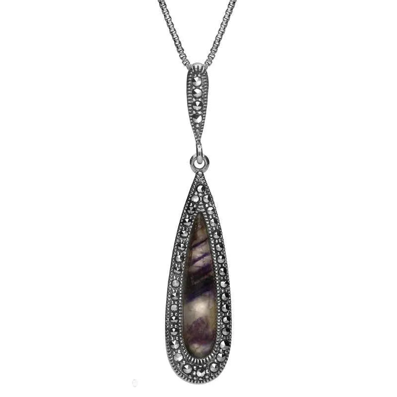 Sterling Silver Blue John Marcasite Slim Pear Drop Necklace