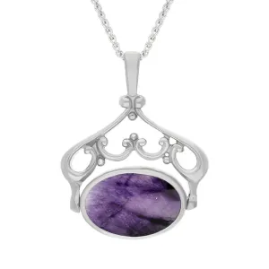 Sterling Silver Blue John Mother Of Pearl Double Sided Oval Swivel Fob Necklace