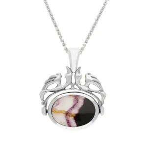 Sterling Silver Blue John Mother Of Pearl Double Sided Oval Swivel Fob Necklace