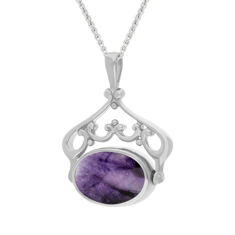 Sterling Silver Blue John Mother Of Pearl Double Sided Oval Swivel Fob Necklace