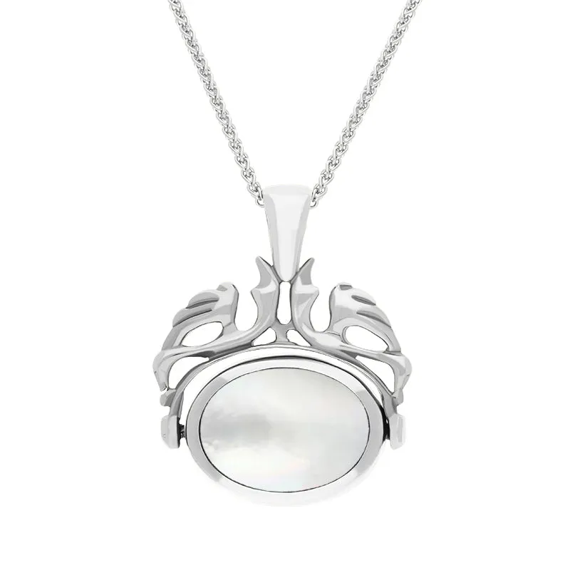 Sterling Silver Blue John Mother Of Pearl Double Sided Oval Swivel Fob Necklace
