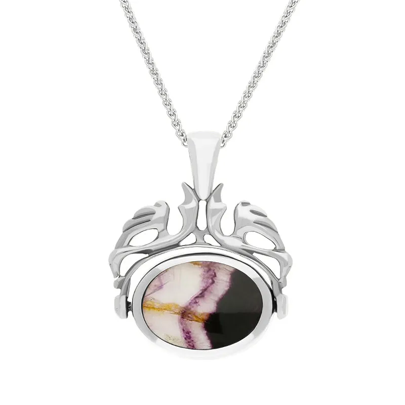 Sterling Silver Blue John Mother Of Pearl Double Sided Oval Swivel Fob Necklace