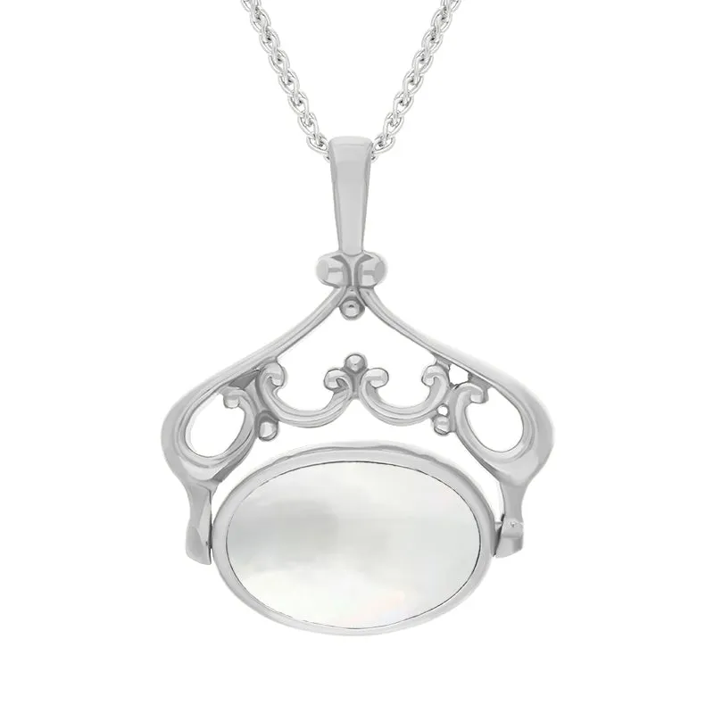 Sterling Silver Blue John Mother Of Pearl Double Sided Oval Swivel Fob Necklace