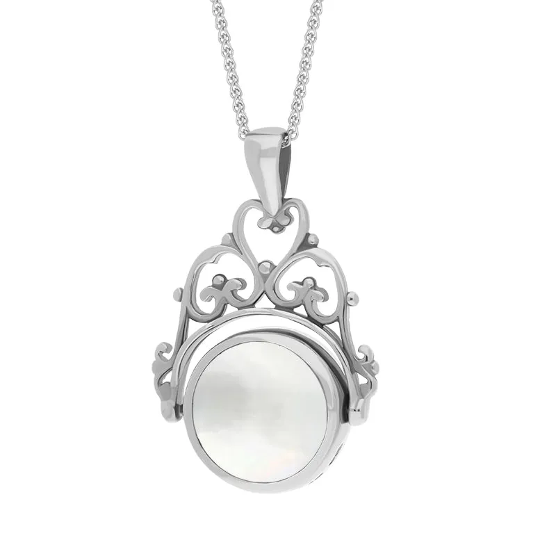 Sterling Silver Blue John Mother Of Pearl Double Sided Round Swivel Fob Necklace