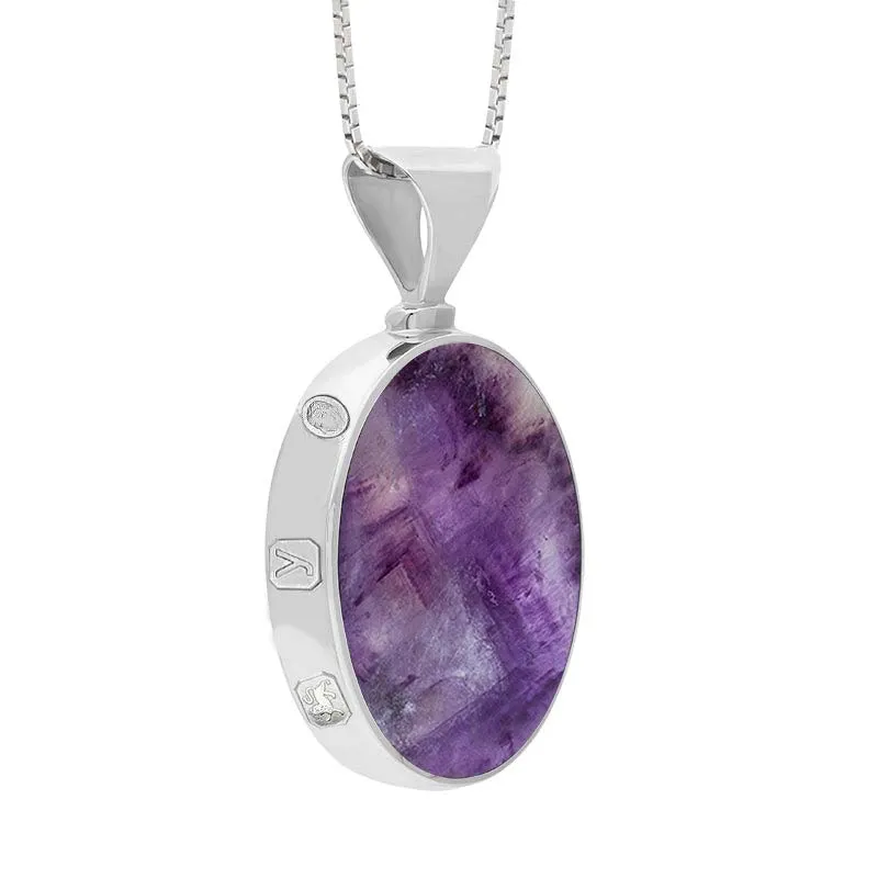Sterling Silver Blue John Mother of Pearl King's Coronation Hallmark Double Sided Oval Necklace D