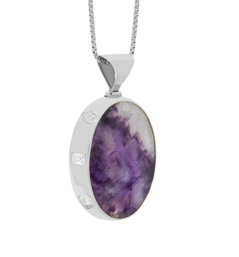 Sterling Silver Blue John Mother of Pearl Queens Jubilee Hallmark Double Sided Oval Necklace D
