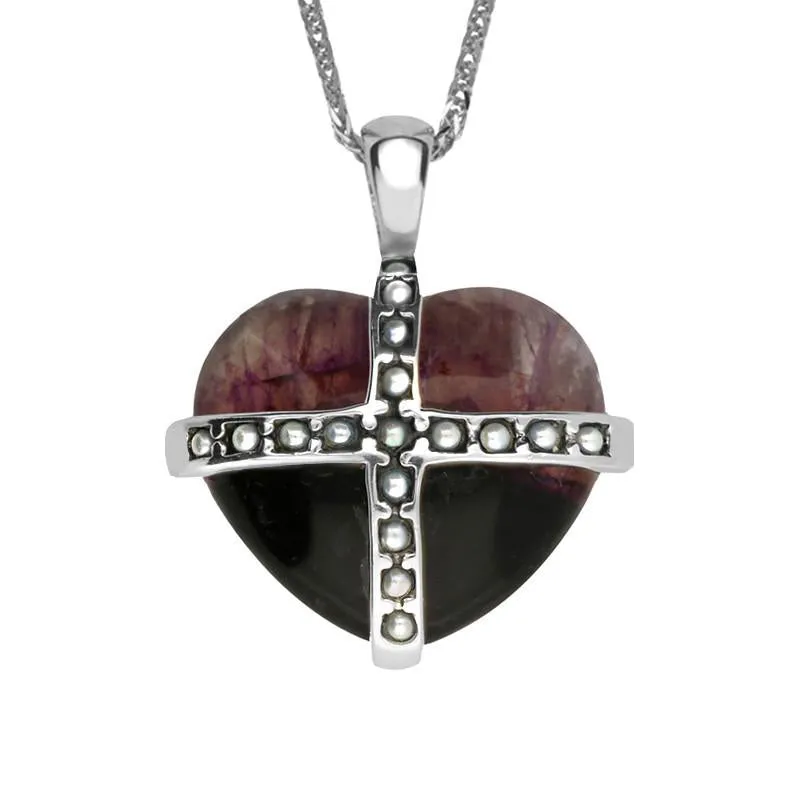 Sterling Silver Blue John Seventeen Pearl Small Cross Heart Necklace