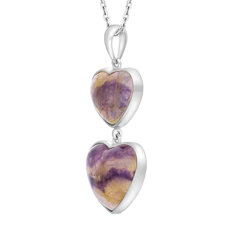 Sterling Silver Blue John Two Stone Heart Drop Necklace D