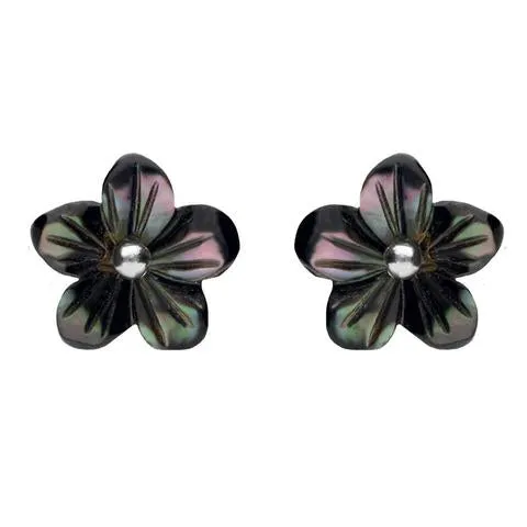Sterling Silver Dark Mother of Pearl Tuberose 10mm Pansy Stud Earrings