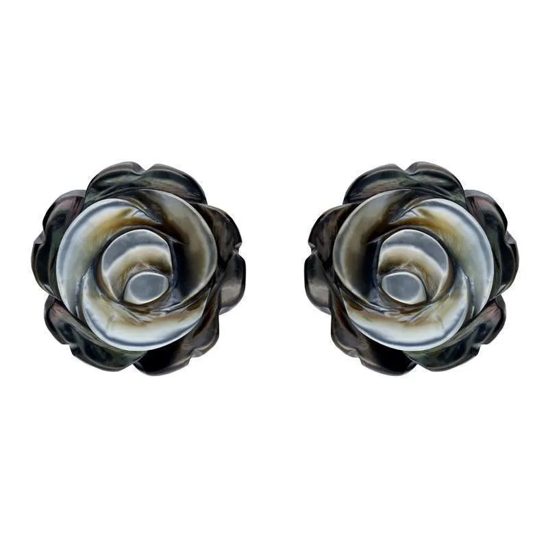 Sterling Silver Dark Mother of Pearl Tuberose 10mm Rose Stud Earrings
