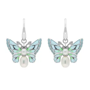 Sterling Silver Diamond Pearl Enamel Style & Fashion Butterfly Drop Earrings