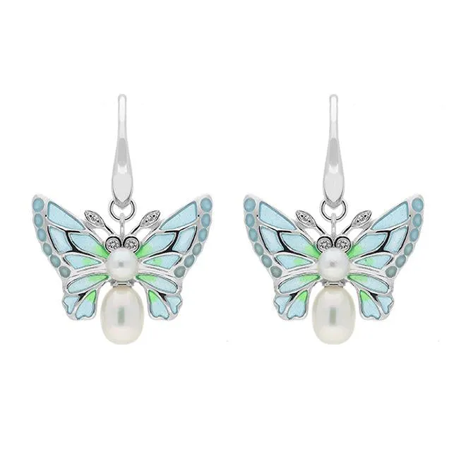Sterling Silver Diamond Pearl Enamel Style & Fashion Butterfly Drop Earrings